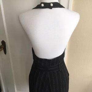 Halter Back Shorts Romper - Black Pinstripe